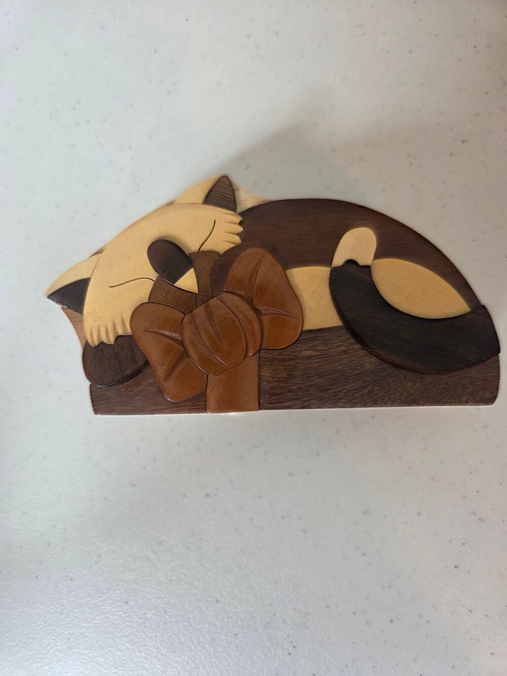 Carver Dan's Handcrafted Solid Wood Sleeping Kitty Puzzle KeepsakeTrinket Box